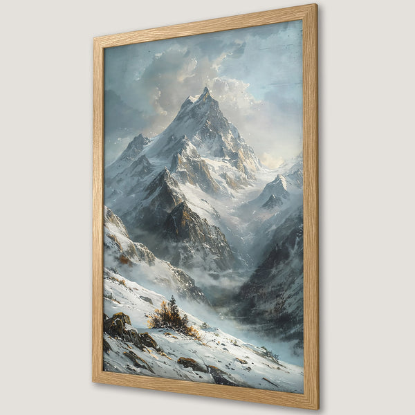 Framed Poster of a majestic mountain landscape in a classic painting style, featuring a cool blue and gray color palette. Perfect wall art!