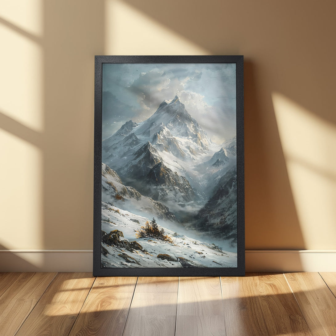 Framed Poster featuring a stunning mountain landscape painting in cool blues and whites. Bring the beauty of nature to your home!