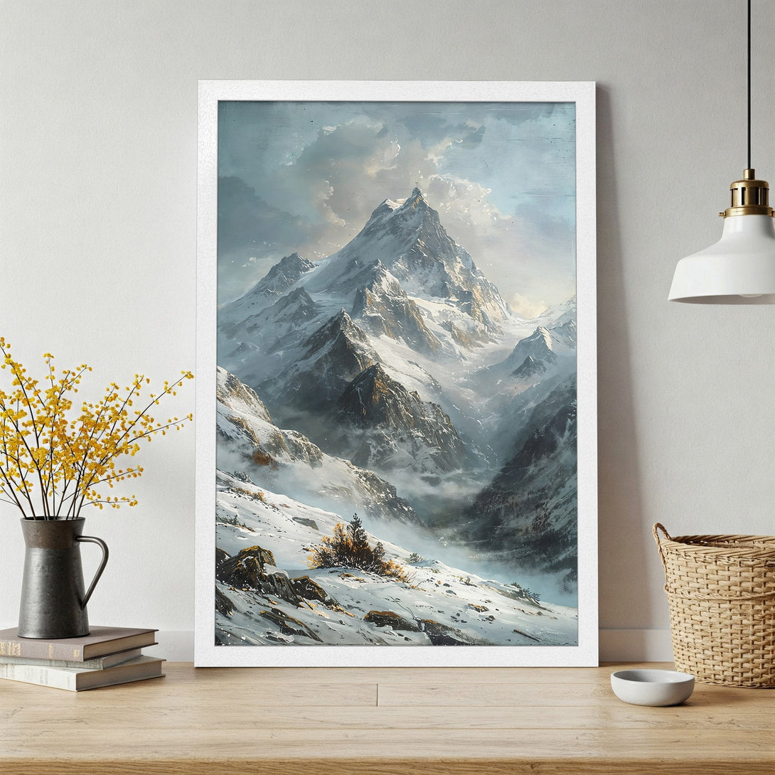 Framed Poster of a majestic mountain landscape in a painterly style with a cool, muted color palette. Perfect wall art!