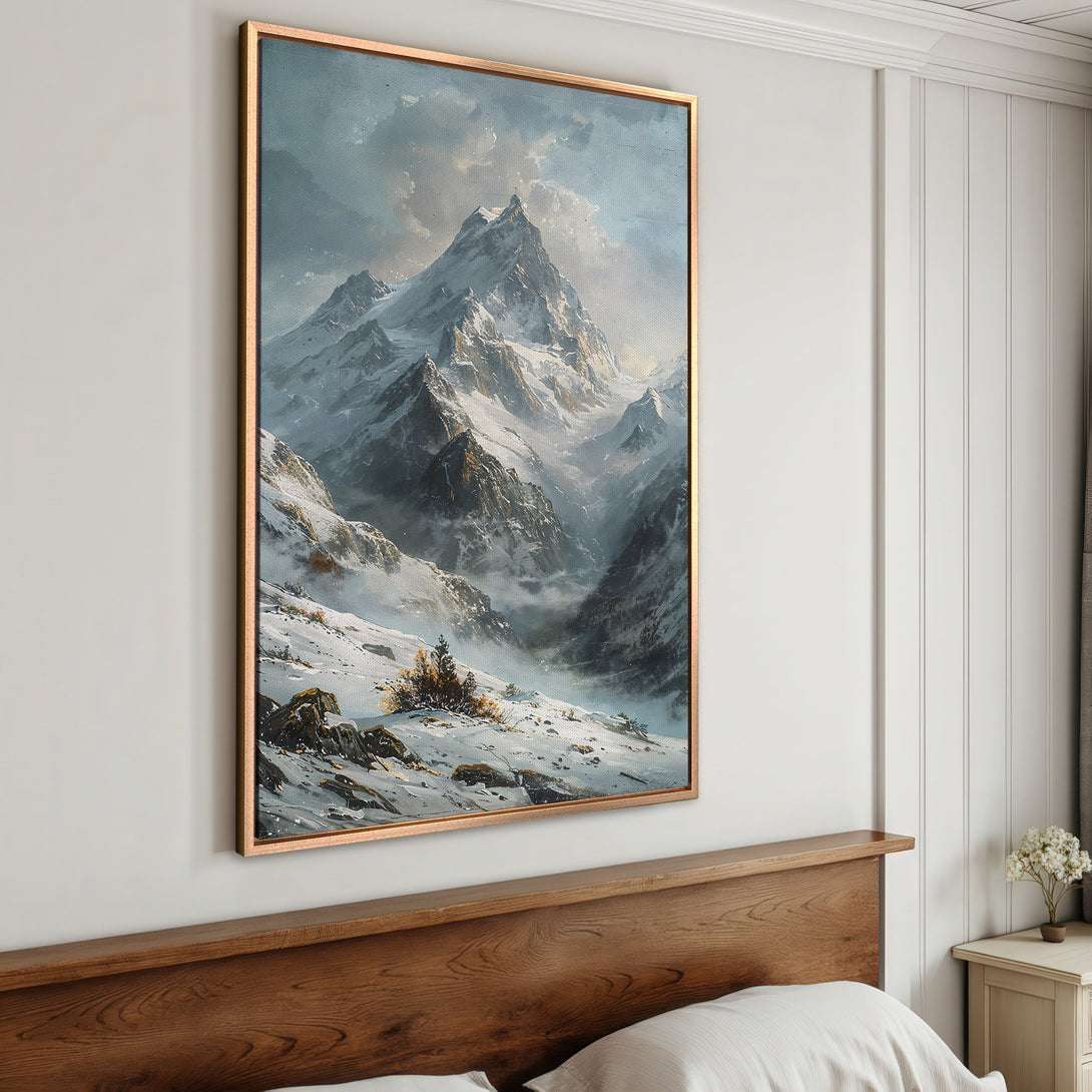 Framed Wall Art featuring a stunning mountain landscape in a classic style with a cool, muted color palette. Perfect for adding a touch of nature to your home!
