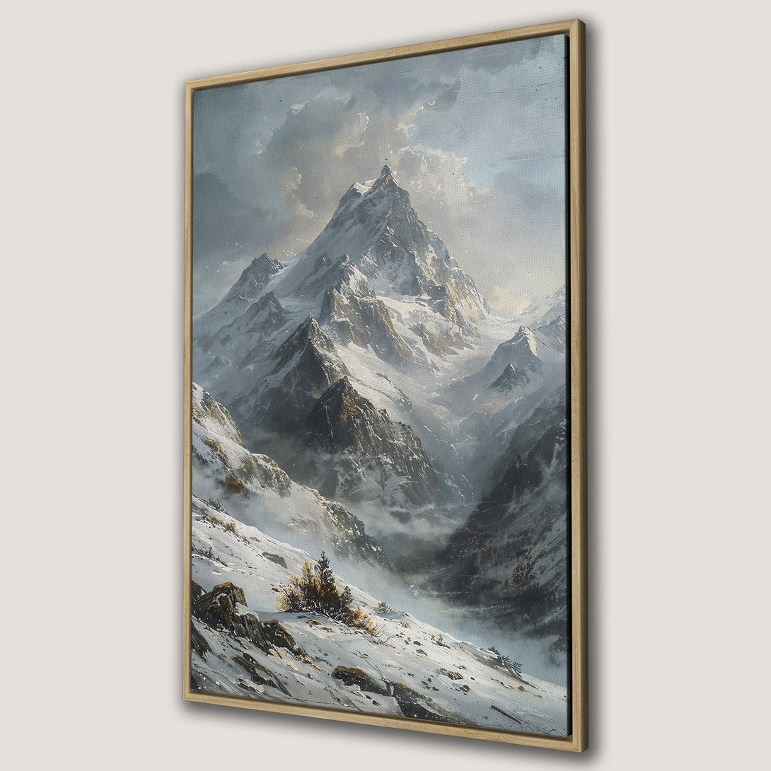 Framed Wall Art: Majestic mountain landscape canvas print in cool gray and white tones. Bring the beauty of nature into your home!