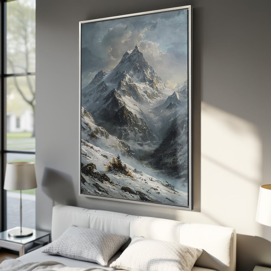 Framed Wall Art: Majestic mountain landscape canvas print in cool, neutral tones. Perfect for adding a touch of serenity to your home decor. Shop now!