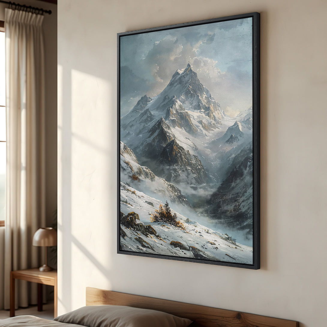 Framed Wall Art: Majestic mountain landscape canvas print in cool blues & grays. Perfect for adding a touch of nature-inspired art to your home decor.