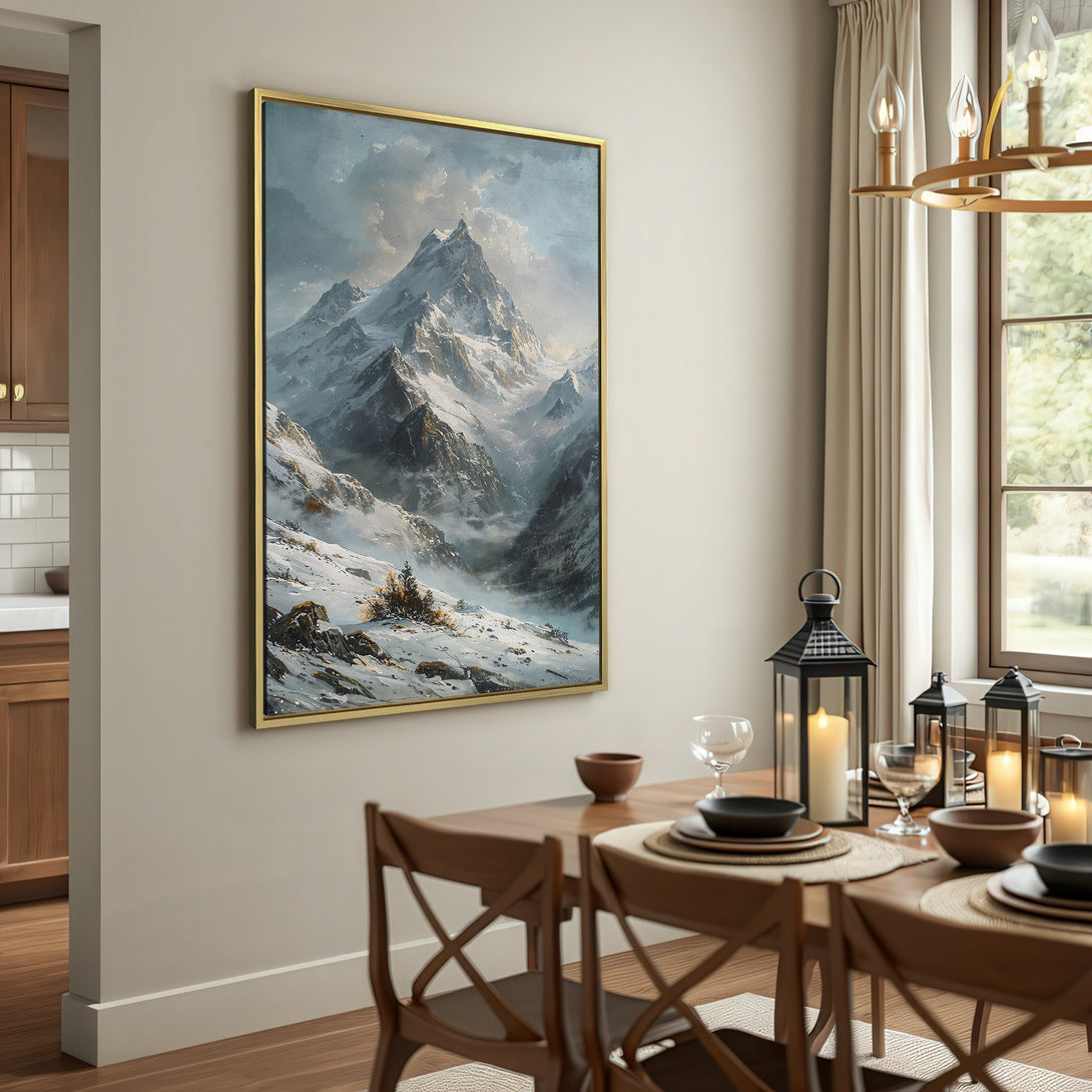 Canvas Print of a majestic mountain landscape in cool gray and white tones, perfect for adding a touch of nature to your home.