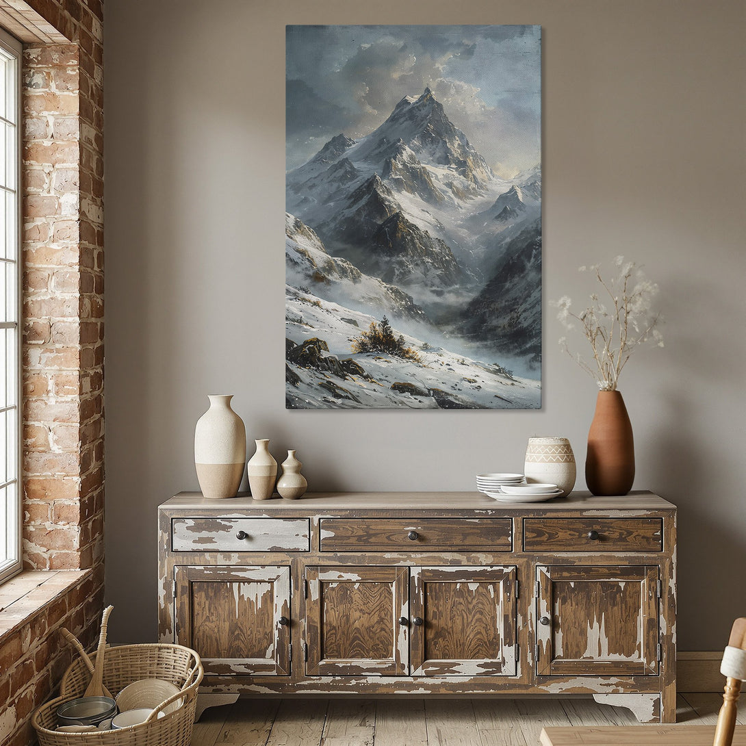 Framed Wall Art: Majestic mountain landscape Canvas Print in cool blue and gray tones, perfect for adding a touch of nature to your home decor.