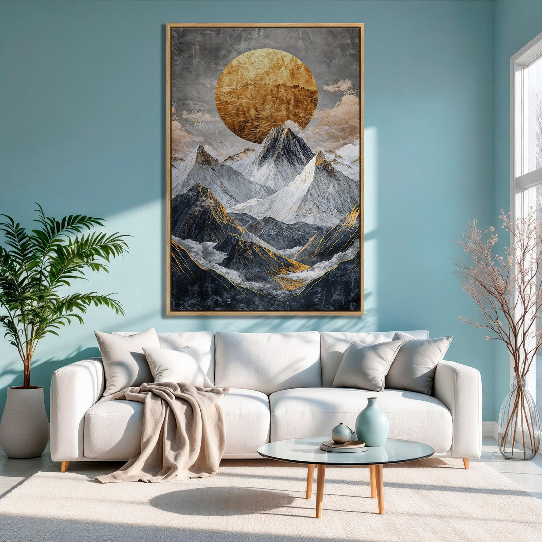 Framed Wall Art featuring a mountain landscape with a golden sun. Modern art in a neutral and gold color palette, perfect for any interior.