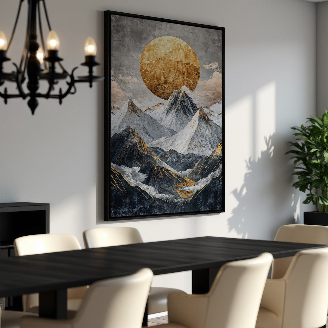 Framed Wall Art: Abstract mountain landscape Canvas Print with a gold and gray color palette. Perfect for modern interior decor.