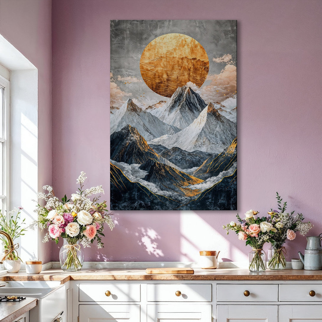 Framed Wall Art: Abstract mountain landscape canvas print with gold, gray, and white color palette. Modern art for living room decor.