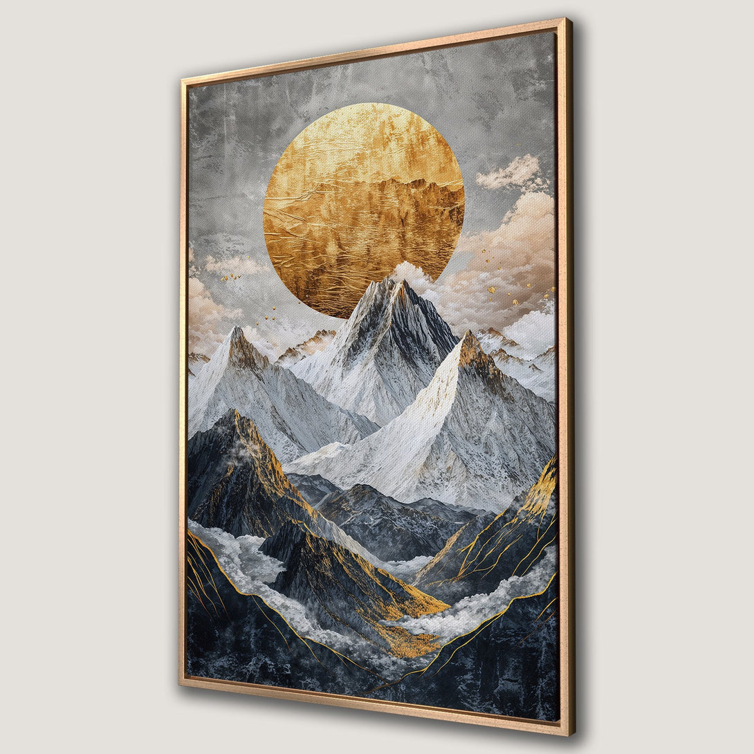 Framed Wall Art featuring a stunning mountain landscape with a golden sun. Modern, abstract style with a gray, gold, and white color palette. Perfect for home decor.