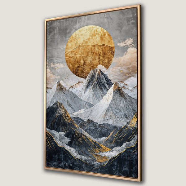 Framed Wall Art featuring a stunning mountain landscape with a golden sun. Modern, abstract style with a gray, gold, and white color palette. Perfect for home decor.
