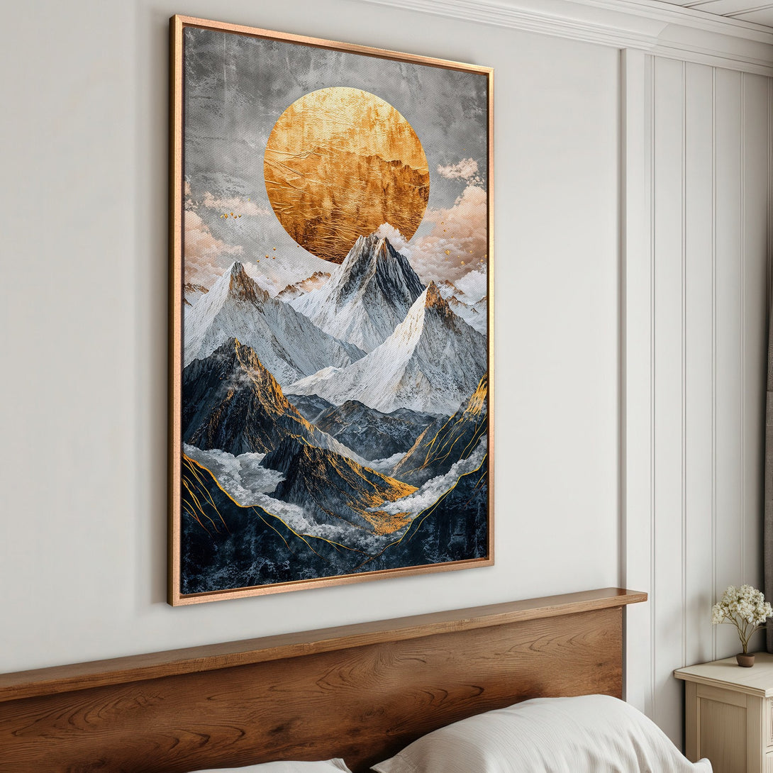 Framed Wall Art featuring a majestic mountain landscape with a golden sun, in a modern, abstract style with a cool and warm color palette.