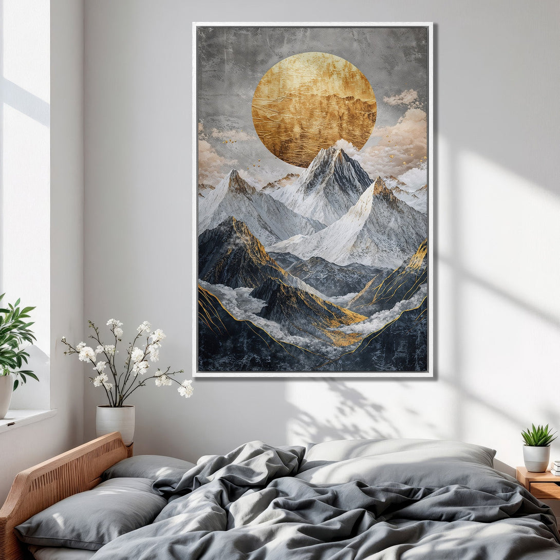 Framed Wall Art: Abstract mountain landscape canvas print with gold and grey tones. Modern art for bedroom decor.