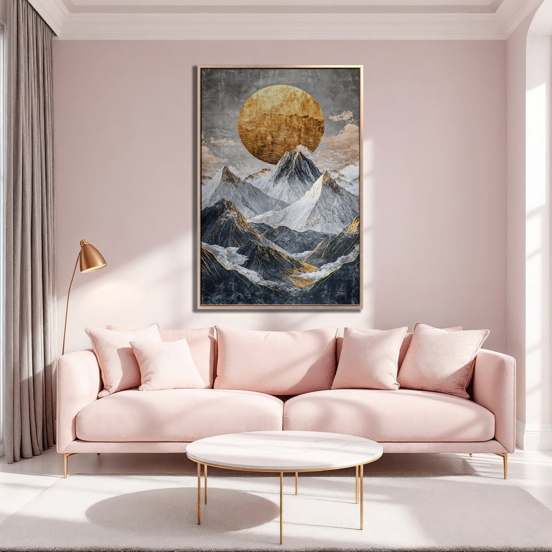 Framed Wall Art featuring a golden sun over snow-capped mountains. Modern abstract style with a warm, neutral color palette. Perfect for living room decor.