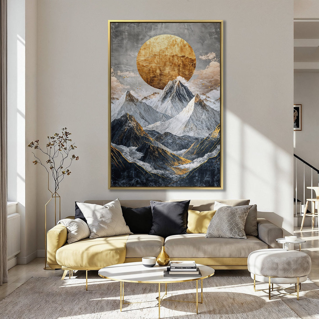 Canvas Print of a majestic mountain landscape with a golden sun, in a modern, abstract style. Features a neutral, gold, and gray color palette.