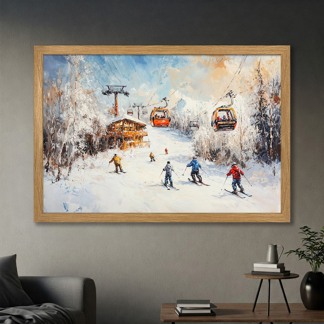 Framed Poster featuring a winter ski scene with skiers, cable cars, and a warm color palette. Perfect wall art!