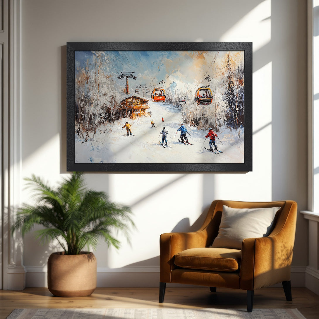 Framed Poster of a snowy ski resort scene, impressionist style, with a blue, white, and orange color palette. Perfect wall art.