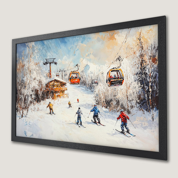 Framed Poster of skiers on a snowy mountain. Impressionistic style with blue, orange, and white color palette. Perfect for winter decor.