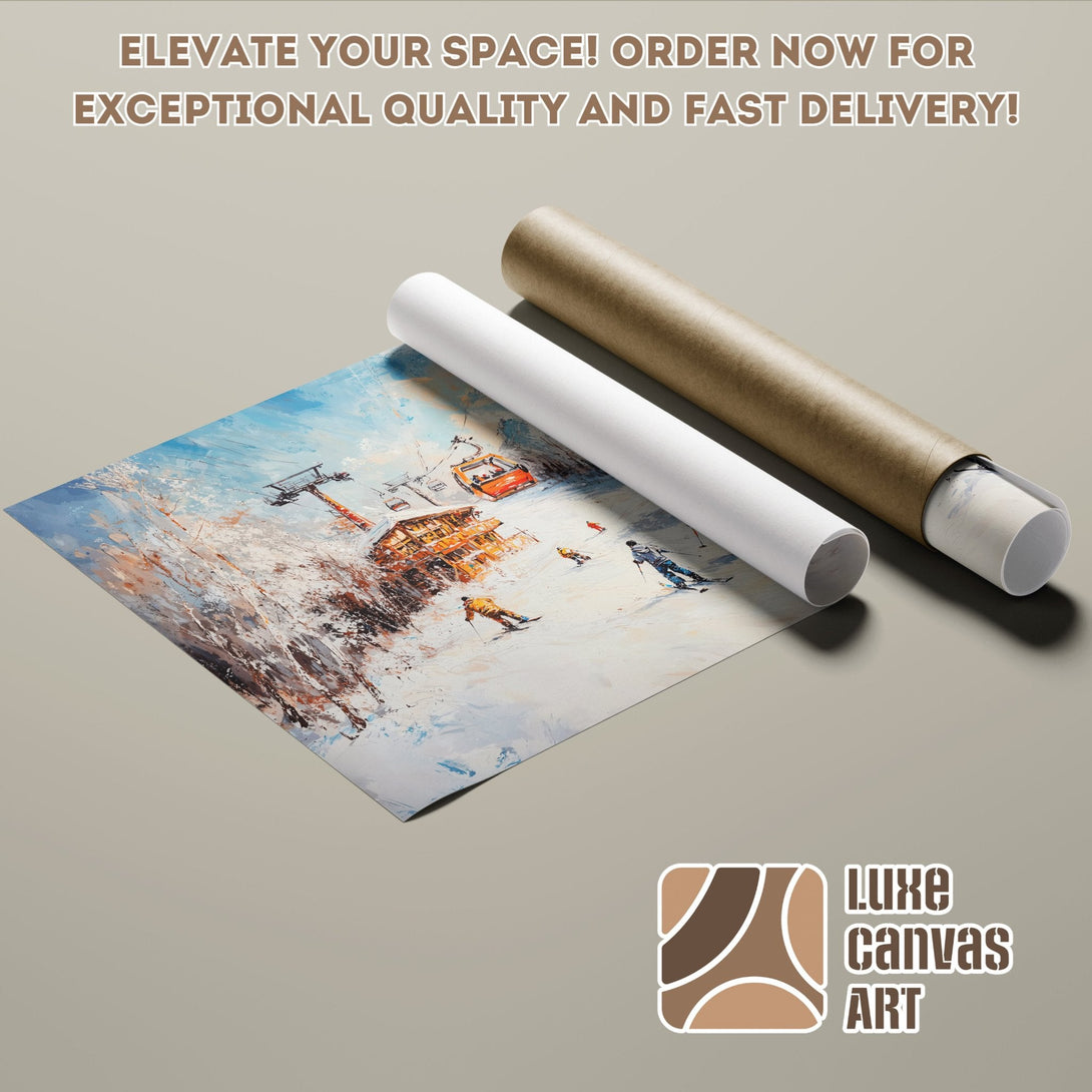 Poster Roll featuring a ski resort painting in a vibrant, impressionistic style with a blue, white, and brown palette.