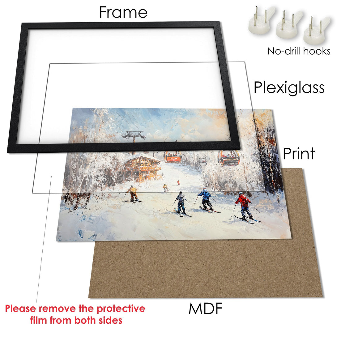 Framed Poster of a snowy ski scene, impressionist style, with blue, white, and orange tones. Perfect wall art!
