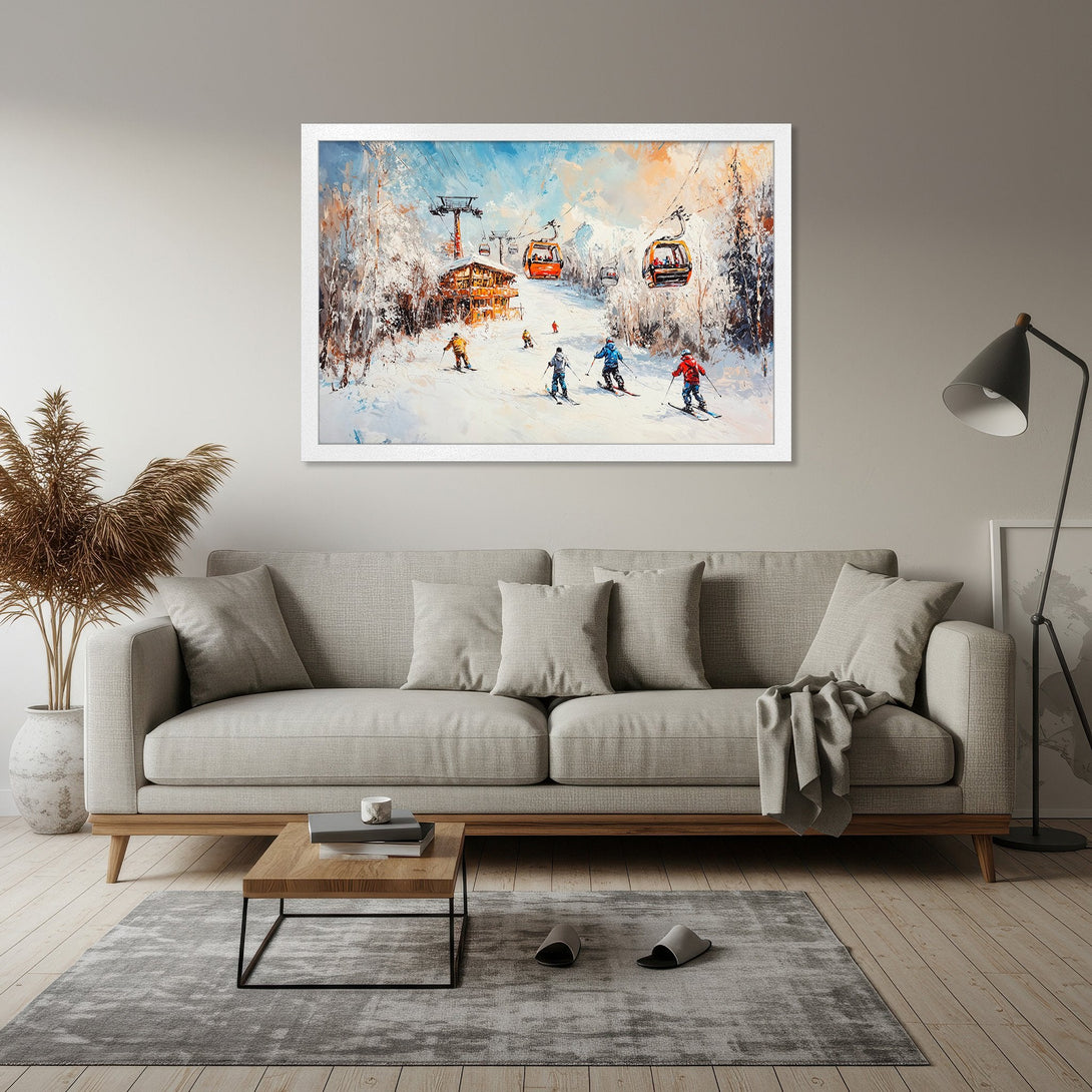 Framed Poster of a ski scene in an impressionistic style with a cool blue and orange color palette. Perfect wall art for your home!