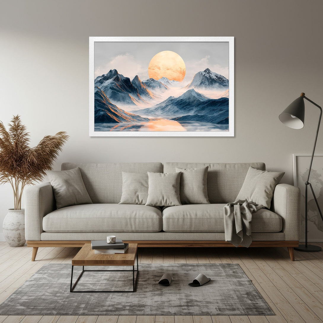 Framed Poster of a mountain landscape with a sunset, featuring a blue and orange color palette. Perfect wall art!