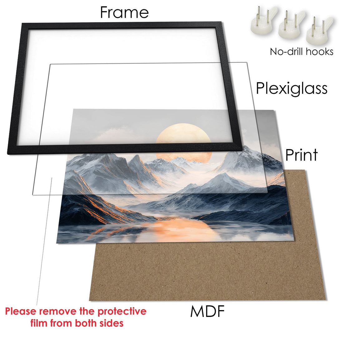 Framed Poster of a mountain landscape with a warm color palette. Perfect wall art for your home!
