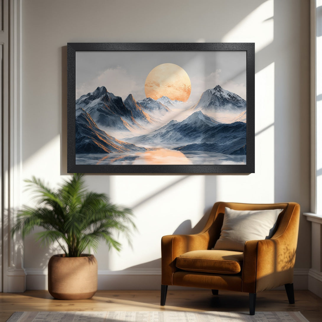 Framed Poster featuring a mountain landscape with a warm sunset. Artistic style, blue, gray, and orange color palette. Perfect wall art.
