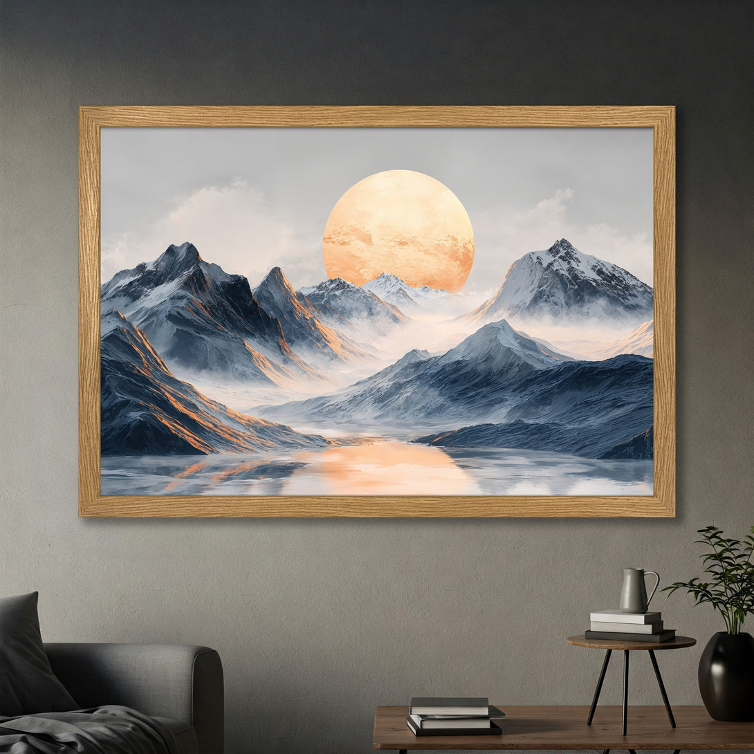 Framed Poster of a serene mountain landscape with a warm color palette. Perfect art for any home. Buy this beautiful Poster now!