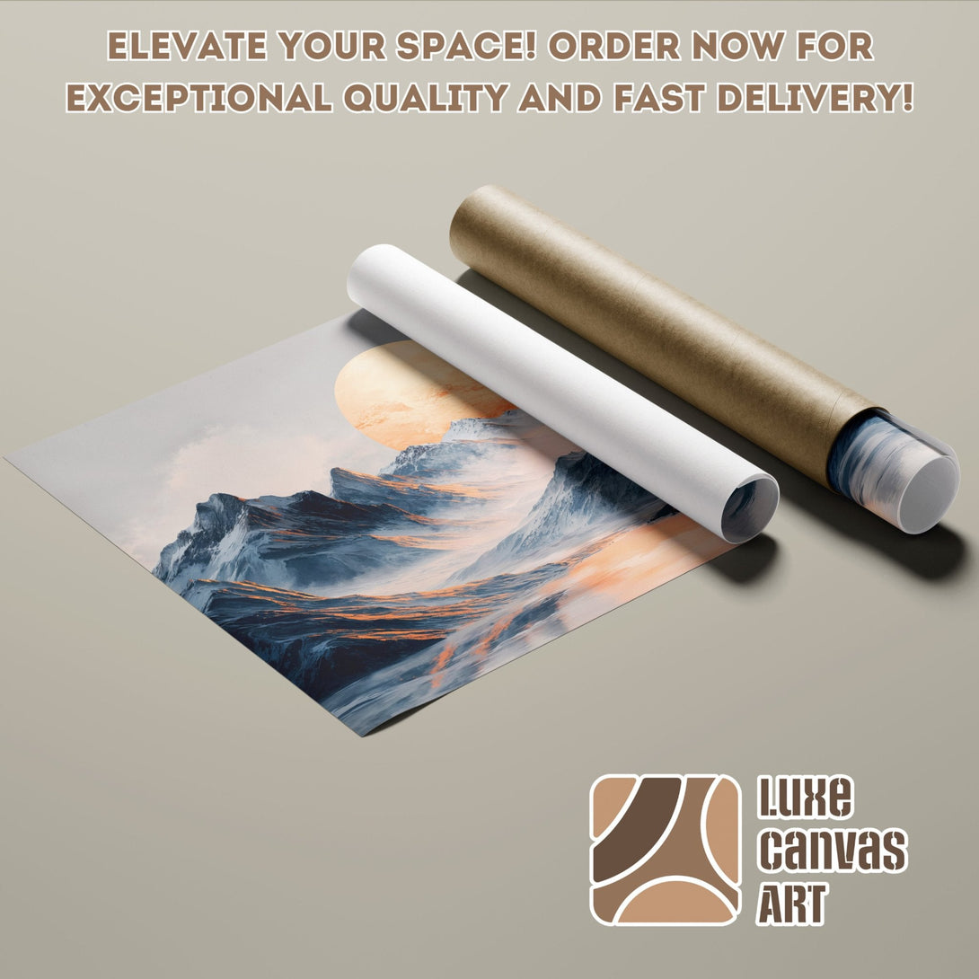 Poster Roll with mountain landscape art in blue & orange tones. Elevate your space!