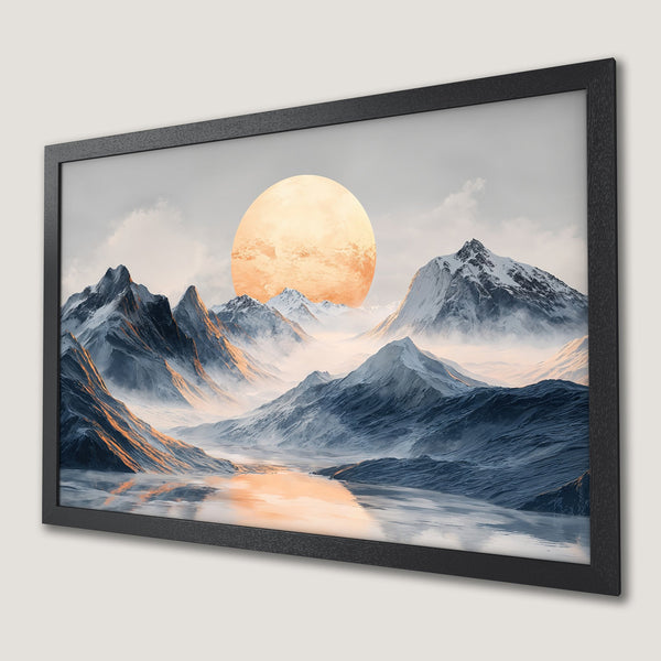 Framed Poster of a majestic mountain landscape with a warm sunset, in a calming blue and orange palette. Perfect wall art!