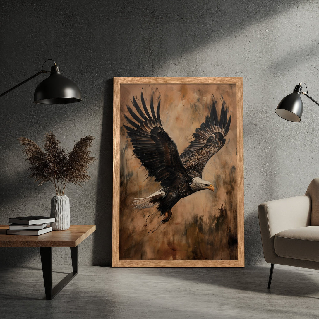 Framed Poster featuring an eagle in flight, painted in a dramatic, painterly style with a warm brown and black color palette.