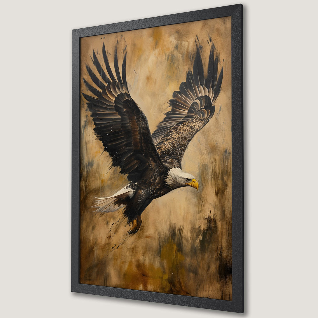 Framed Poster of a majestic eagle in flight, artistic style with a warm brown and black color palette. Perfect wall art!