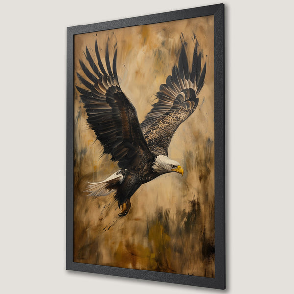 Framed Poster of a majestic eagle in flight, artistic style with a warm brown and black color palette. Perfect wall art!