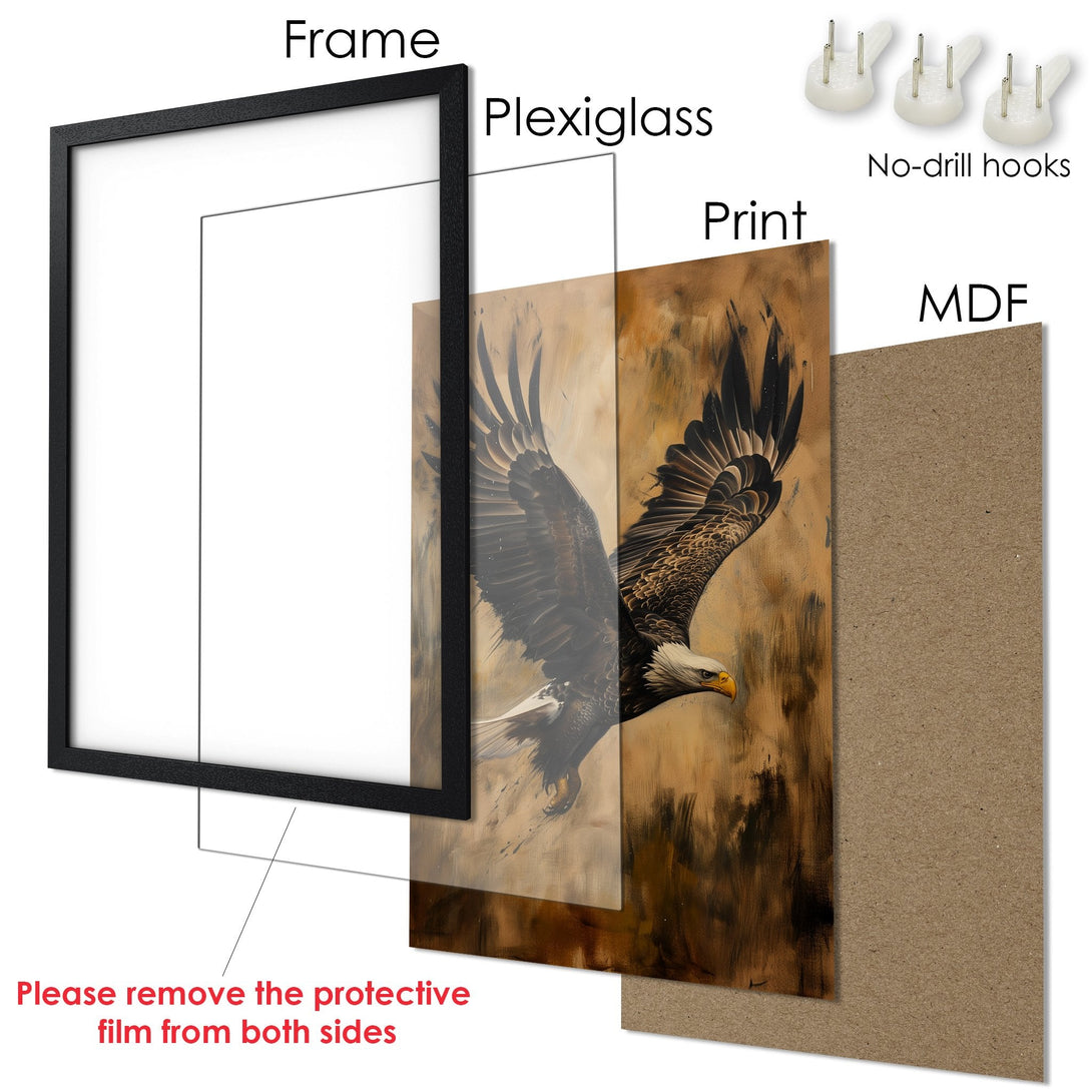Framed Poster featuring an eagle in flight. Artistic style with warm brown and black color palette. Perfect wall art for your home!
