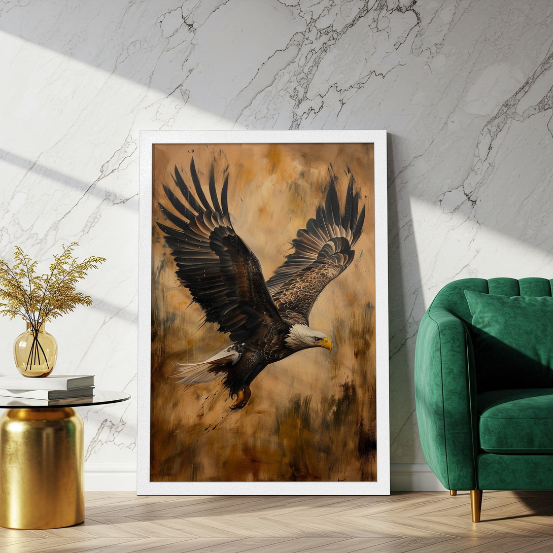 Framed Poster featuring an eagle in flight, artistic style, with a warm brown and black color palette. Add this majestic art to your home!