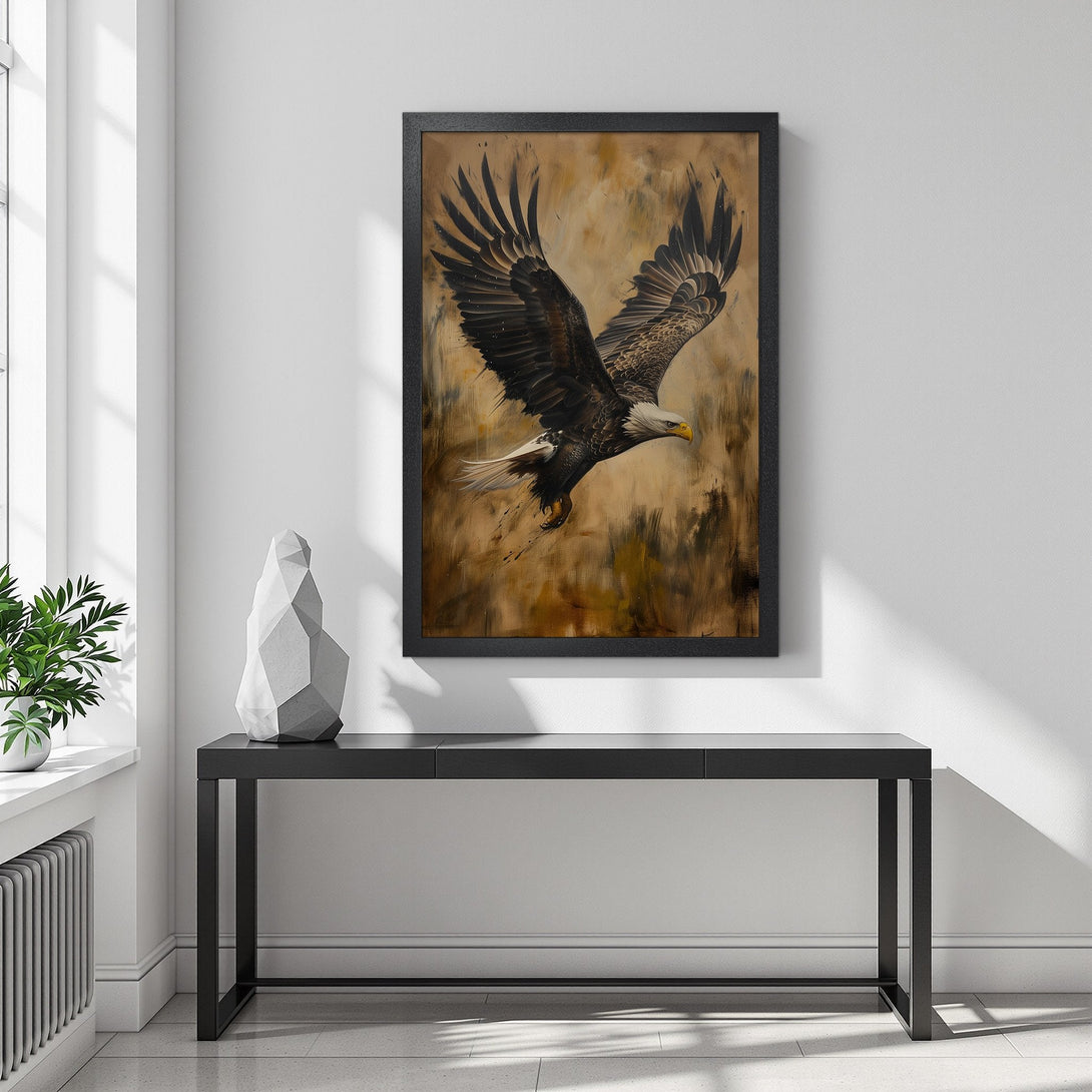 Framed Poster of a majestic eagle in flight. Artistic style with a warm, earthy color palette. Elevate your space with this stunning artwork!