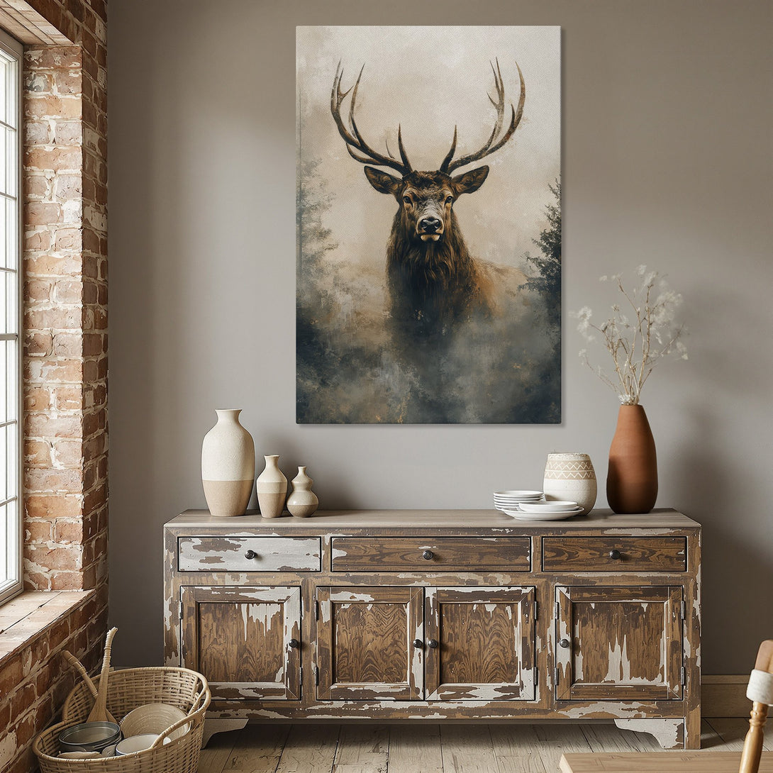 Framed Wall Art featuring a majestic stag in a neutral color palette. Enhance your dining room decor with this stunning canvas print.