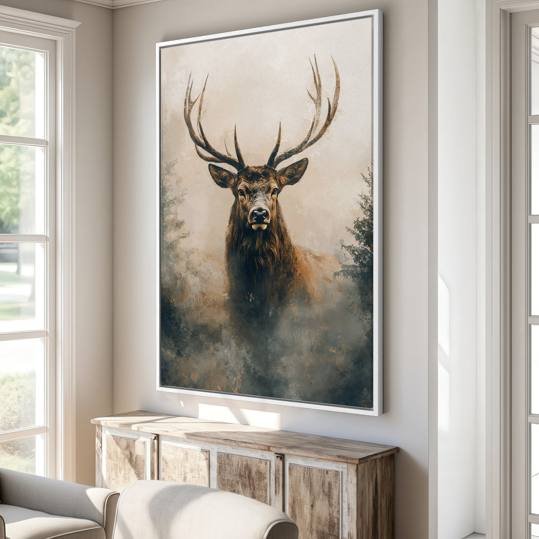 Framed Wall Art featuring a majestic elk in a painterly style, warm brown and beige tones. Perfect for rustic or modern home decor.