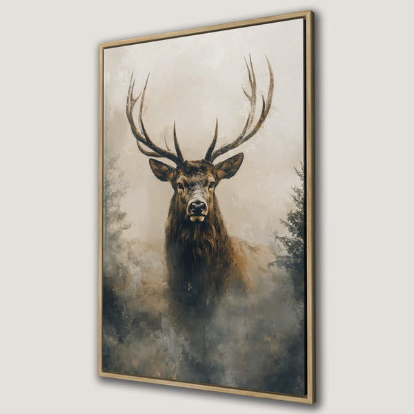 Framed Wall Art: Majestic elk canvas print in muted earth tones. Rustic artwork for a stylish home. Enhance your decor with this stunning piece.