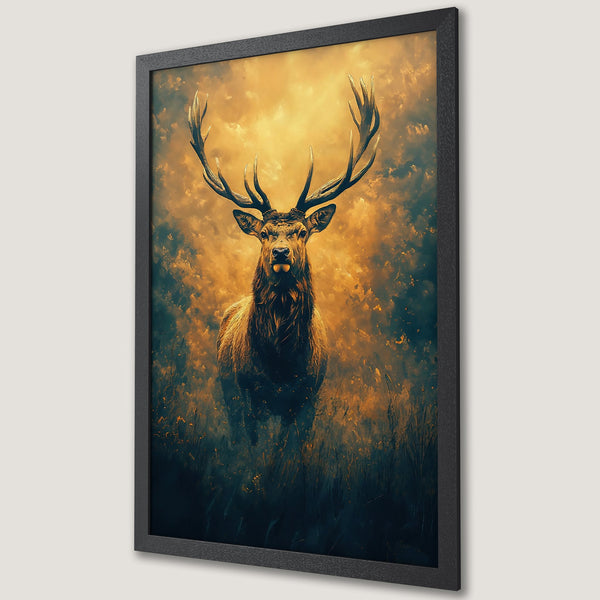 Framed Poster featuring a majestic stag in a golden, painterly style. Earthy tones and dramatic lighting create a captivating art piece.