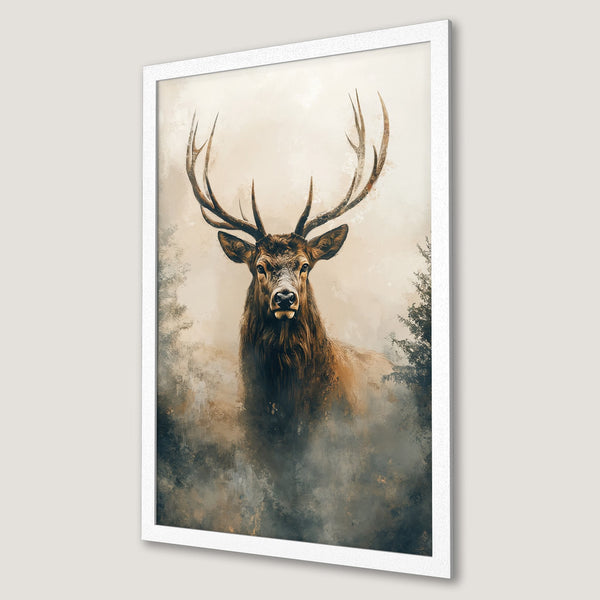 Framed Poster featuring a majestic elk in a painterly style, warm earth tones and neutral palette, perfect wall art.