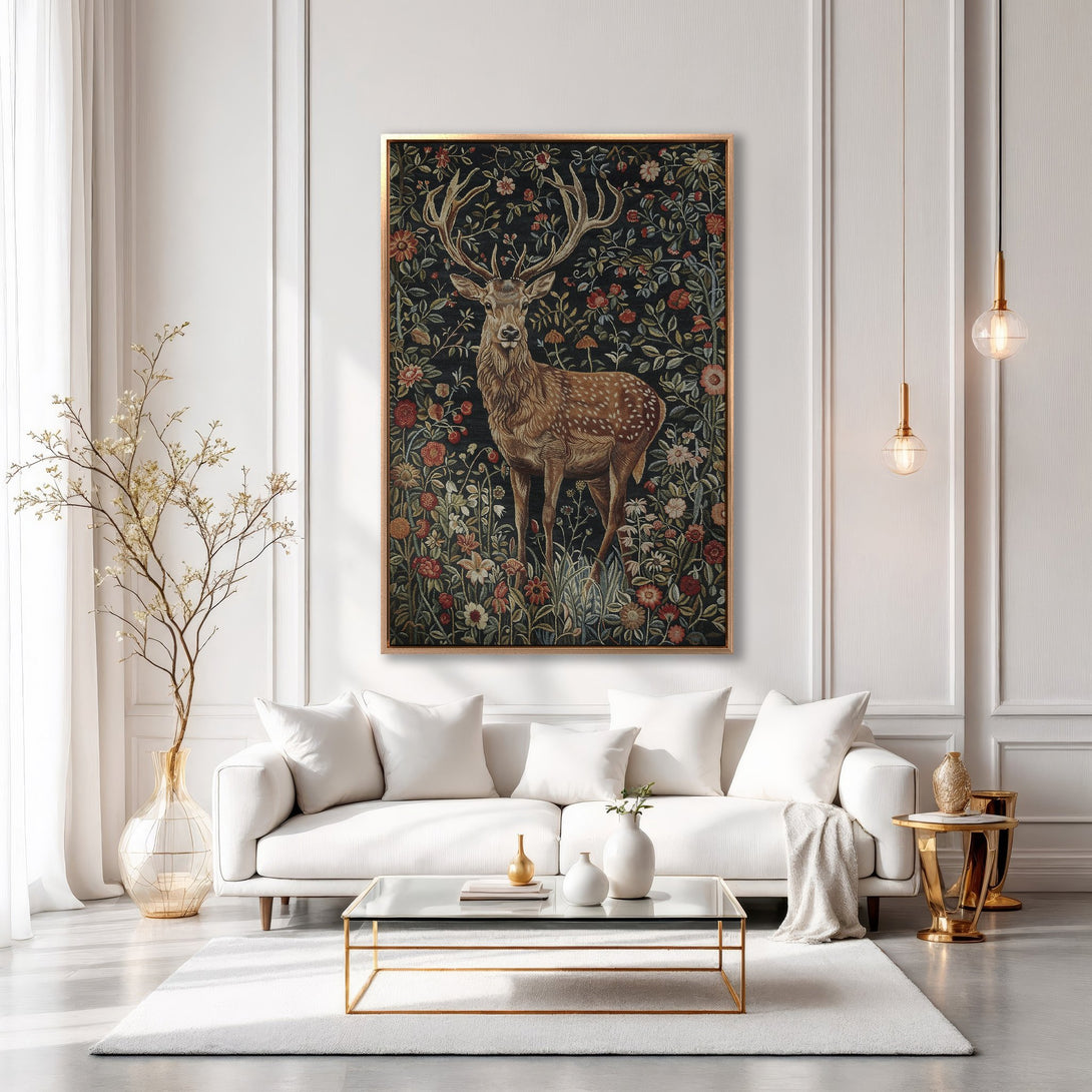 Framed Wall Art featuring a regal deer in a floral tapestry style, rich earth tones on a dark background, perfect for elegant home decor.
