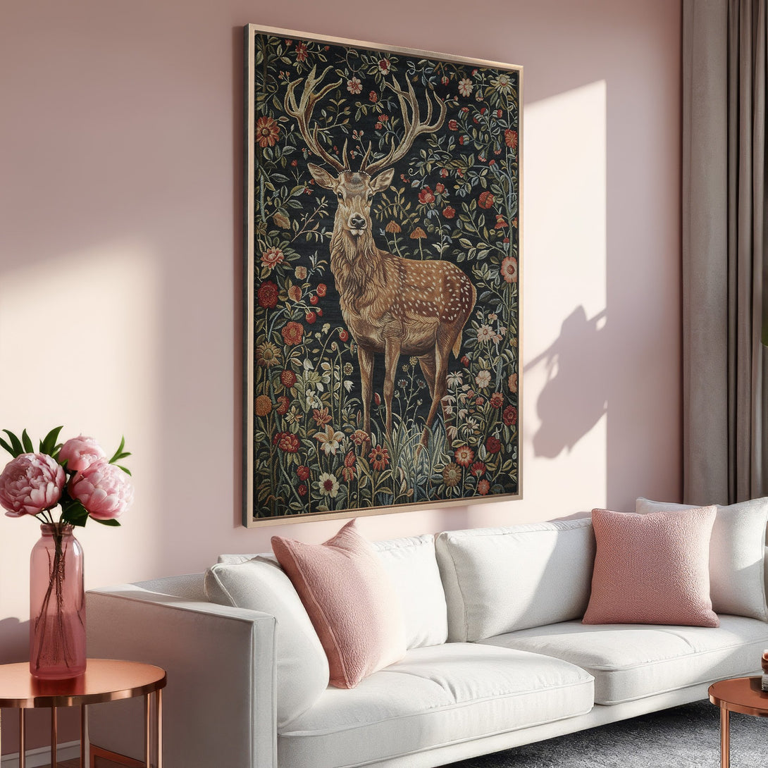 Framed Wall Art: Majestic deer in floral tapestry, rich colors. Elegant home decor with a dark, warm palette, perfect for living room or bedroom.