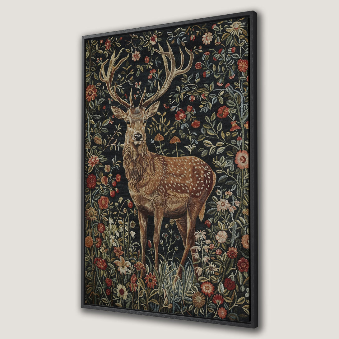 Framed Wall Art featuring a majestic deer in a floral tapestry style. Rich color palette with deep blacks, reds, and browns, perfect for adding elegance to any room.