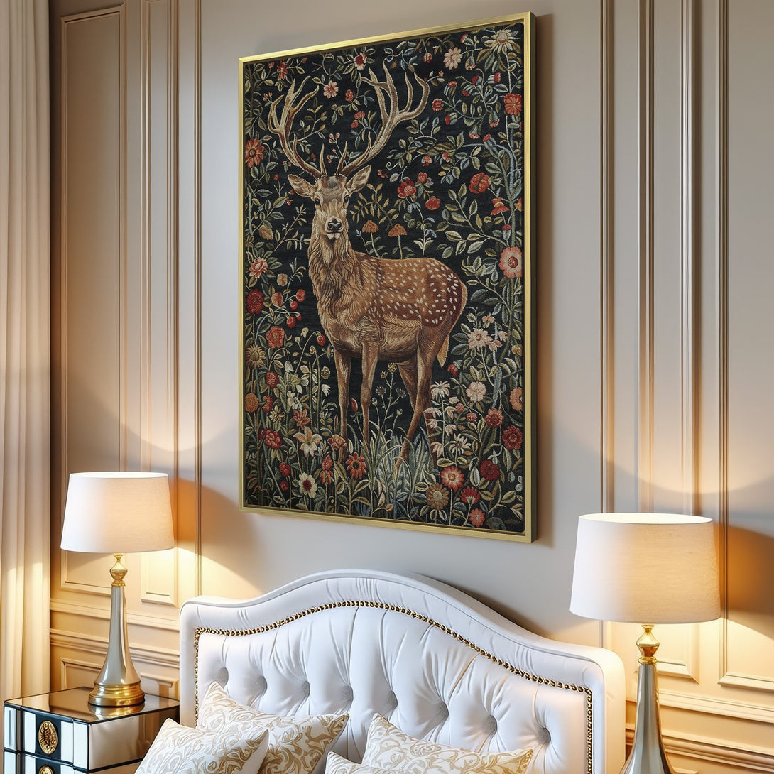 Canvas Print: Majestic stag art in a floral tapestry style, featuring warm earth tones and a dark background, perfect for living room decor.