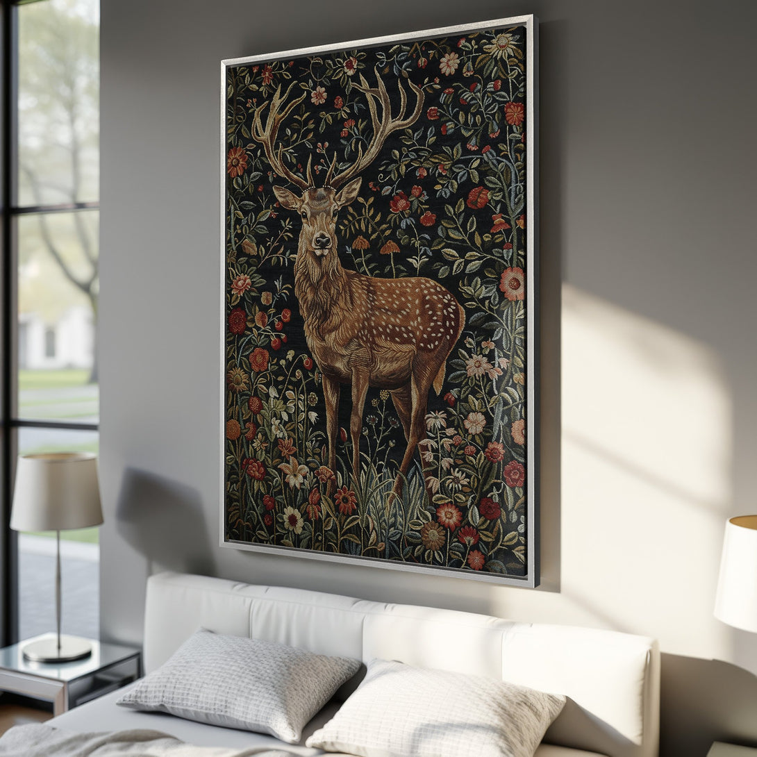 Framed Wall Art featuring a majestic deer in a floral tapestry design. Earthy tones of brown, red, and green create a classic and elegant canvas print.