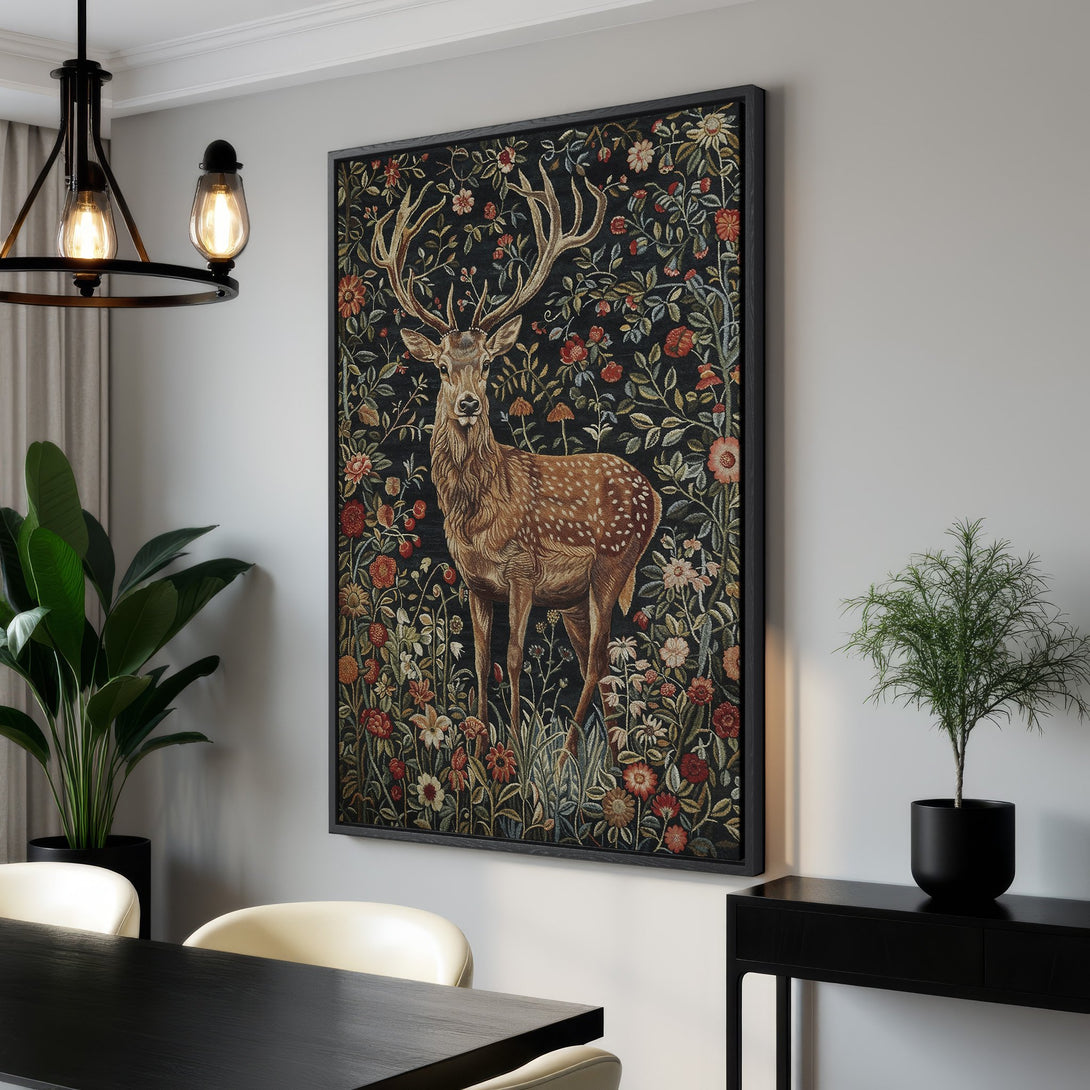 Framed Wall Art: Majestic deer canvas print with a vintage floral design in rich earth tones. Perfect for adding a touch of elegance to any room.