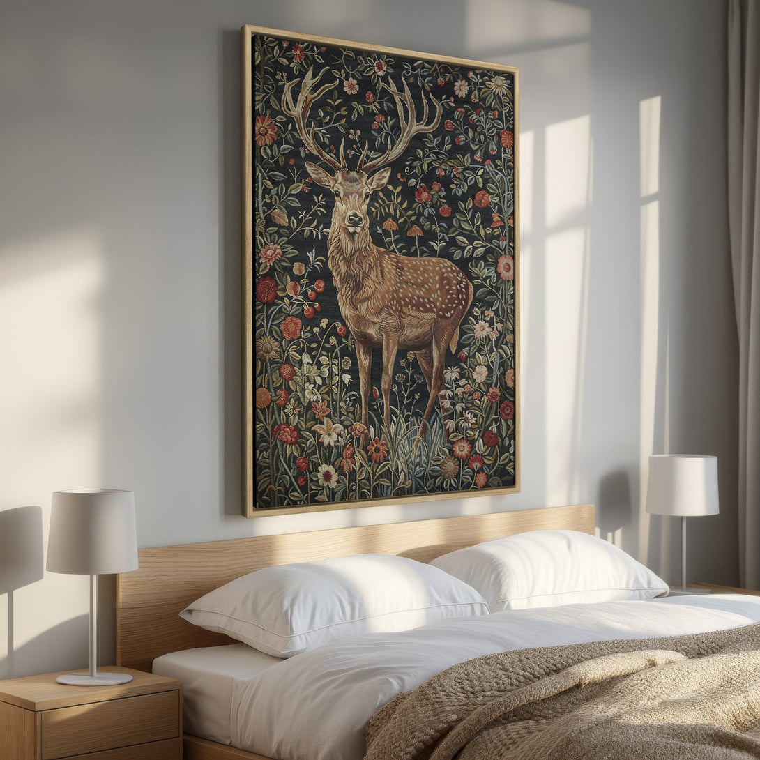 Framed Wall Art: Elegant deer print in a floral tapestry style. Rich, dark color palette with warm earth tones. Perfect for adding a touch of nature to your bedroom.