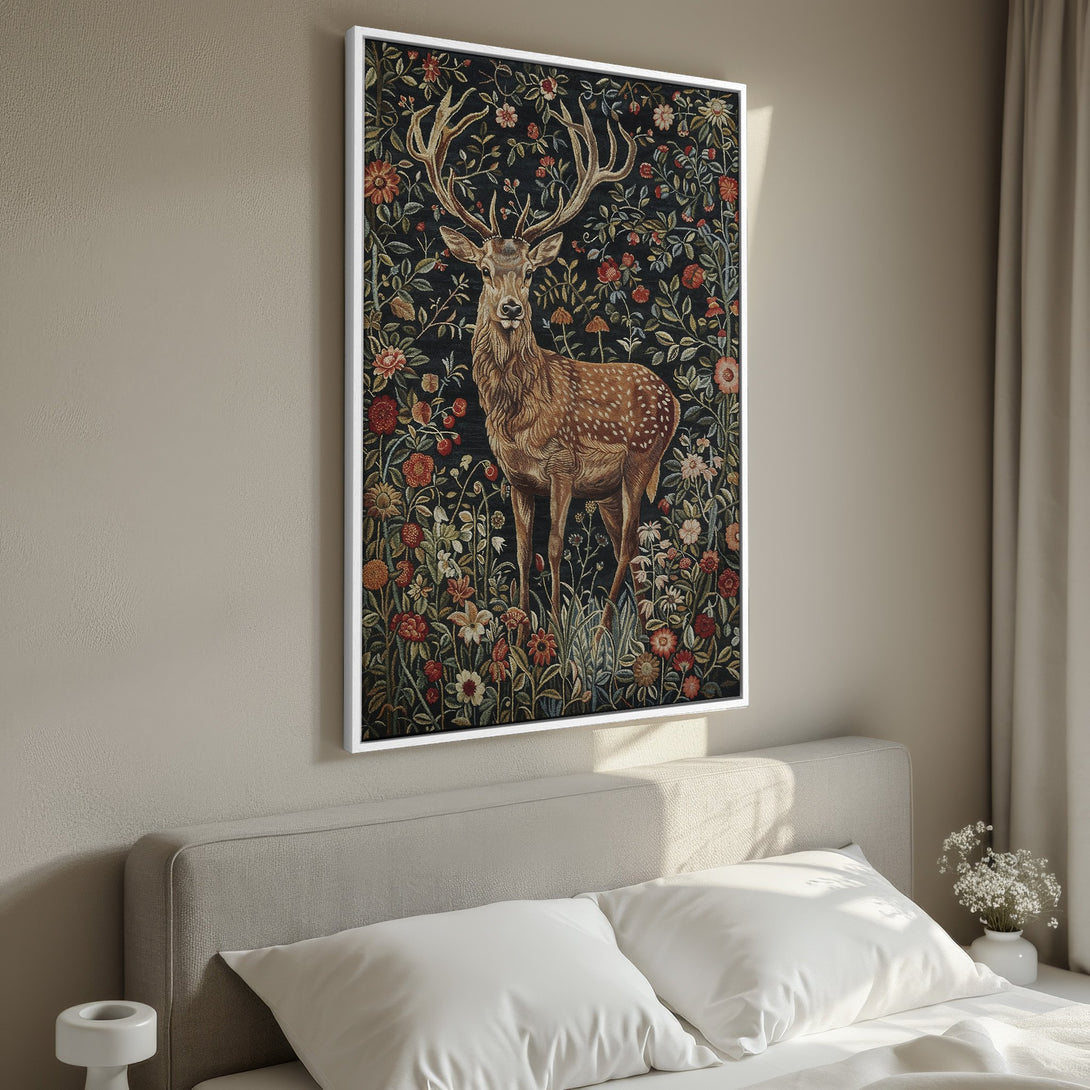 Framed Wall Art: Elegant deer canvas print in a floral tapestry style. Rich, dark color palette with warm accents, perfect for bedroom decor.