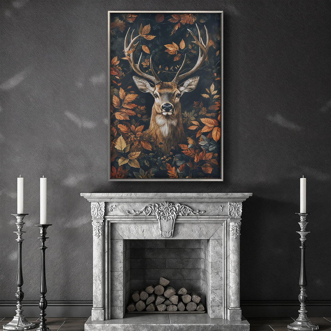 Framed Wall Art featuring a surreal portrait with floral accents, in a dark, moody color palette. Enhance your space with this stunning Canvas Print.